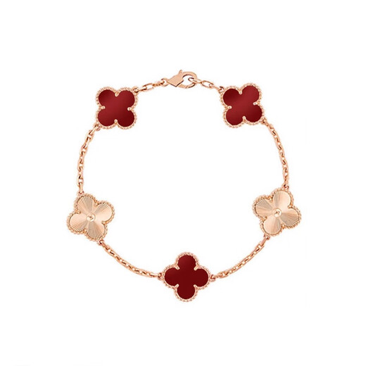 LZJV plated 18K rose gold four-leaf clover, clover, five-flower bracelet for women, white mother-of-pearl, carnelian, rose gold, laser between red agates