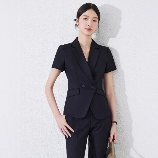 夏季职业装短袖小西装领外套女新款酒店前台工装正装收腰工作新款 蓝色 西装+裙子（JY6210） L