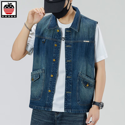 Aemape Apple Light Color Großgröße Lose Jeansweste für Männer und Frauen Frühling und Sommer Trendy Marke Retro Workwear lässig Ärmele Horse Clip Weste 6231# Retro Blue 4xl (Empfohlen 190-205 Jin [Jin gleich 0,5 kg]))