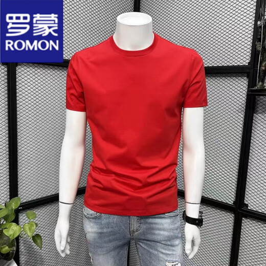 Romon-Männer-T-Shirt Frühling und Sommer neuer runder Hals reines Baumwoll kurzärmelige reine Version Solid Color Top atmungsablöschbarer, vielseitiger, halbärmeliger T-Shirt Burgundy XL (Empfohlen 135-150jin [Jin gleich 0,5 kg]))