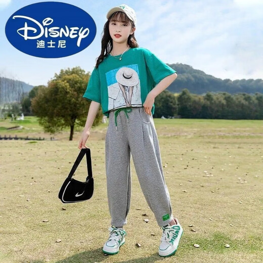 Traje de verano de Disney Girls Failable y de moda para niñas de moda de 12 a 15 años de niños Moda de dos piezas Top verde de verano + Pantalones grises 677 150
