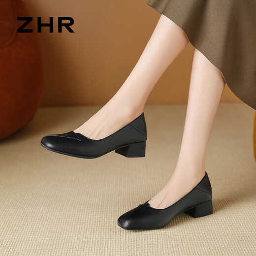 ZHR粗跟单鞋女经典拼接工作皮鞋通勤一脚蹬浅口女鞋软底AH673黑色36