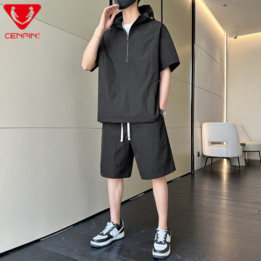 Cenpin Casual Sports Suit Summer Men's Summer 2025 Nouveaux shorts à capuche de vêtements de travail beaux jumelés avec un ensemble de vêtements pour hommes 7003 APRICOT L