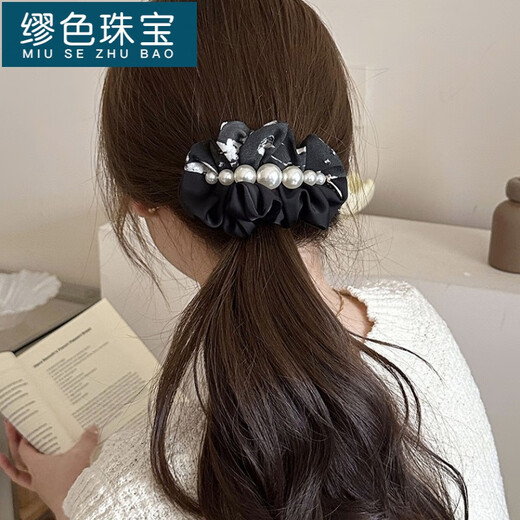 缪色（MiU Se）2025年春夏新款新中式感晕染复古优雅珍珠褶皱顶夹一字弹簧夹 4839-1-黑色珍珠弹簧夹