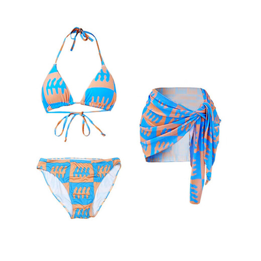 Zhenggong Bikini Swimsuit Women's Super Sexy Hot Spring Swimsuit Women's Beach Three-Point Pure Sexy Vacation Style Swimsuit Bikini [Orange Blue] Split Three-piece Set One Size/Fit 80-120Jin [Jin equals 0.5 kg]
