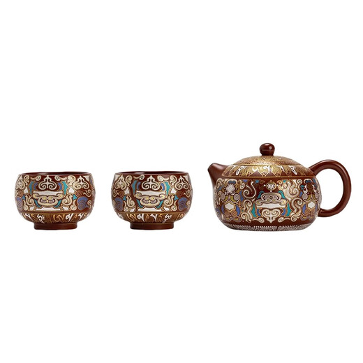 Dunhuang Institute of Fine Arts high-end purple clay teapot tea set gift box gold and silver staggered tea cups as gifts for elders and leaders men Auspicious Beast Mingxiang purple clay cup and pot set