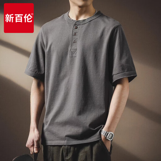 新百伦高端美式复古亨利领Polo衫男夏季潮牌宽松体恤纯棉重磅短袖T恤男 灰色 L 适合130-150斤