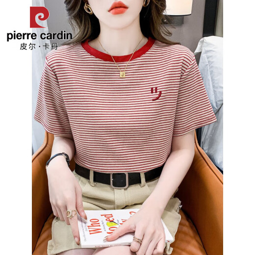 皮尔卡丹（PIERRE CARDIN）条纹短袖t恤女宽松韩版女装2025年夏季新款百搭体恤圆领半袖上衣 红色 9928 L 建议105-125斤