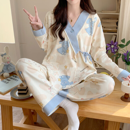 猫人（MiiOW）新中式纯棉月子服产后产妇孕妇哺乳睡衣夏季薄款套装45月份春秋季 1105蓝天鹅 M [80-100斤]