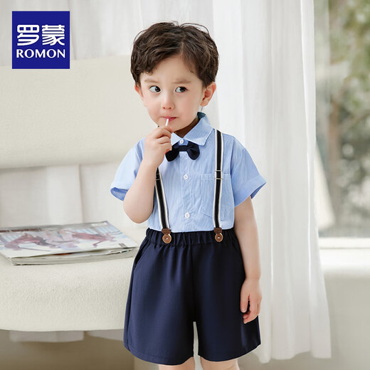 罗蒙男童小西装背带套装男宝周岁生日花童礼服儿童演出服 藏青色120