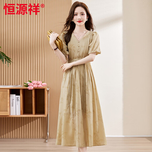Hengyuanxiang gasa larga de gasa de manga corta 2025 Summer Nuevo vestido de cintura francesa y té de té para mujeres beige [alta calidad] m