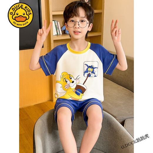 
G.DUCKKIDS little yellow duck children's pajamas boy summer short-sleeved pure cotton thin style cat and mouse medium-sized big children cartoon boy home short-sleeved cover Z6625# Kulomi 170 size 10 [suggested height 105-115cm]