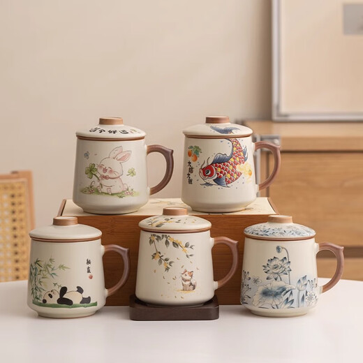 Jinpan Ru Kiln Ceramic Tea Cup Personal High-end Tea Separator Cup with Cover and Handle Teapot Office Home Ru Kiln Tea Cup + Walnut Coaster