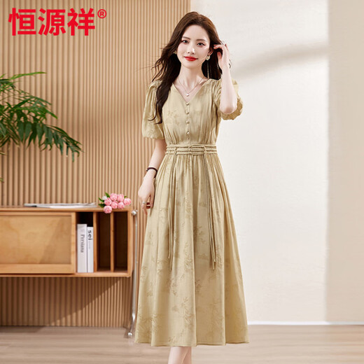 Hengyuanxiang gasa larga de gasa de manga corta 2025 Summer Nuevo vestido de cintura francesa y té de té para mujeres beige [alta calidad] m