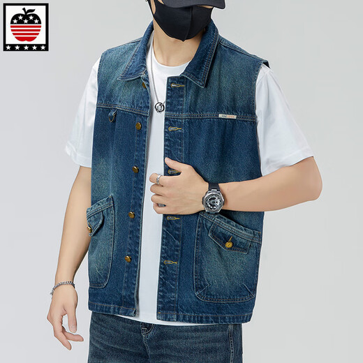 Aemape Apple Light Color Großgröße Lose Jeansweste für Männer und Frauen Frühling und Sommer Trendy Marke Retro Workwear lässig Ärmele Horse Clip Weste 6231# Retro Blue 4xl (Empfohlen 190-205 Jin [Jin gleich 0,5 kg]))