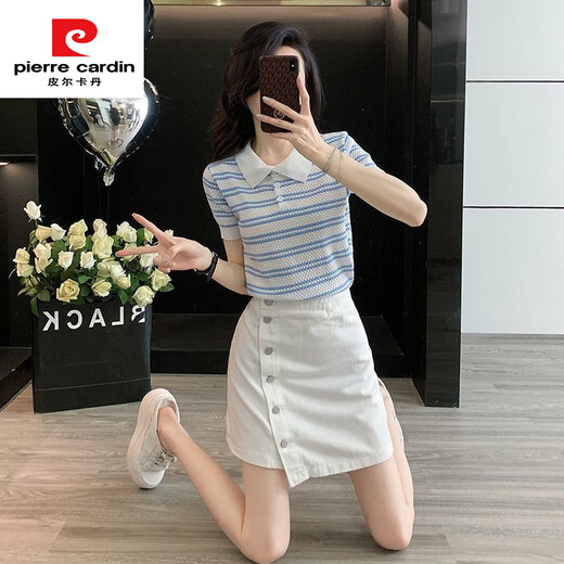 皮尔卡丹（pierre cardin）夏季2025新款韩系条纹短袖上衣显瘦百搭牛仔短裙套装裙两件套夏季 套装 条纹上衣7419A+半身裙7170B S