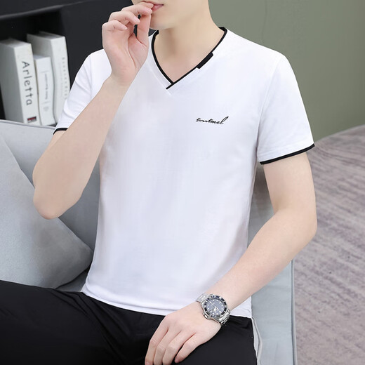 七匹狼（septwolves）夏季纯棉男士短袖恤领薄款修身青年潮流半截袖男休闲鸡心领体恤 黑色 QY694 M 【95-115斤】
