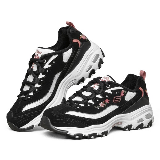 斯凯奇（Skechers）女子复古刺绣老爹鞋绒里保暖厚底熊猫鞋休闲运动鞋66666325 浅粉色/11977-LTPK 35