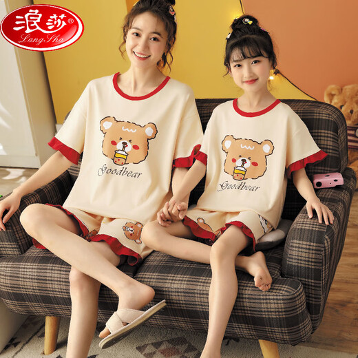 浪莎（LangSha）亲子母女睡衣纯棉夏季薄款短袖可爱卡通网红小女孩女童家居服套装 6624【纯棉 单套的】 M 14码125-135c60斤左右