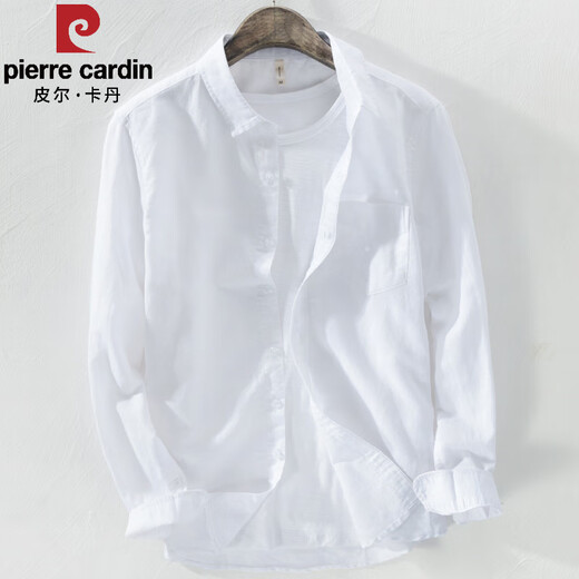 皮尔卡丹（pierre cardin）春夏季亚麻衬衫外套男长袖宽松休闲棉麻衬衣薄款上衣复古麻布衣服 YY9207白色 M 120斤以内