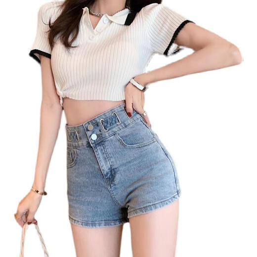 
S.SOFEA Korean style slimming wide-leg denim shorts for women in summer new casual loose letter hot pants black [high quality] 6195 S