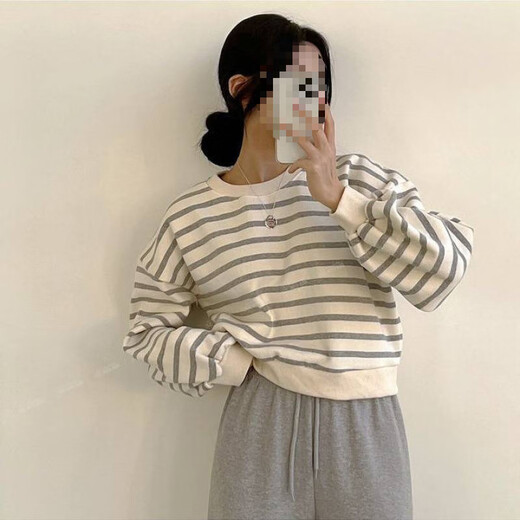Opeodly条纹卫衣女短款2024年新款薄款韩版小众女装宽松春秋冬加绒上衣 9923卫衣 黑色 薄款 S 65-80斤