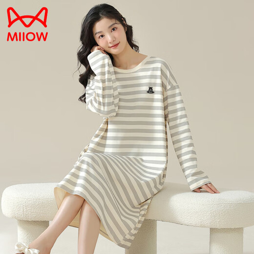 猫人（MiiOW）睡裙女长袖棉质设计感春秋季睡衣可外穿条纹家居服2025年春秋新款 W9767长袖睡裙 XL 110-125斤