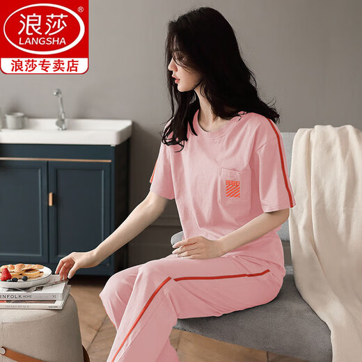 Langsha Pure Cotton Pajamas's 2025 Summer delgada pantalones de manga corta de manga de manga en casa El juego de verano de algodón casual de algodón se puede usar afuera 7374 rosa M [80-100Jin [Jin es igual a 0.5 kg]]]
