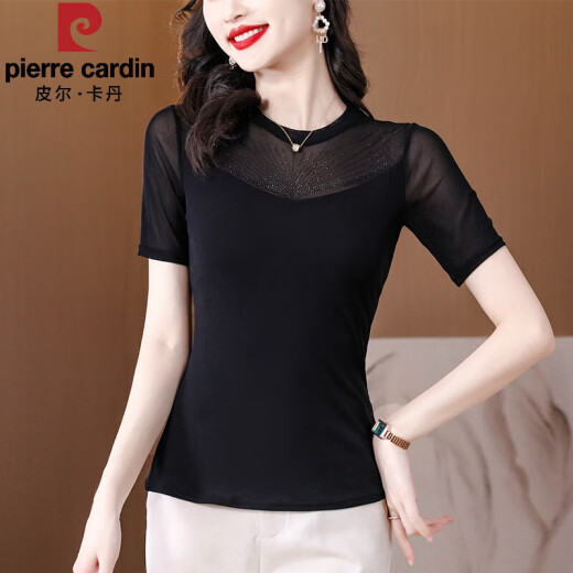 
Pierre cardin mesh base shirt for women short-sleeved T-shirt for women 2025 new summer black mother dress shirt slim lace top black A1389 [short] M