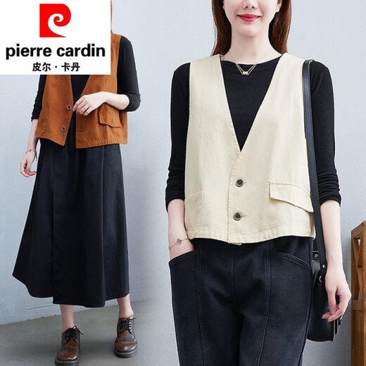 Pierre Cardin Retro Retro Literario V-Eck Color sólido Botón de algodón Cardigan Chaqueta Cardigan Short String Women Spring and Summer Nuevo estilo Outerwear 1387 Negro M