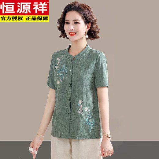 Hengyuanxiang middle-aged and elderly summer wear pure cotton cardigan top short-sleeved shirt women's embroidered ethnic style clothing mother's wear shirt thin green 2XL 105-120Jin Jin equals 0.5 kg
