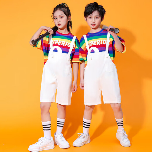10,000 people collected the Children’s Day Performance Clothes Overalls Set Kindergarten Graduation Photos Elementary School Cheerleaders Rainbow T+White Overalls+Socks 90 90