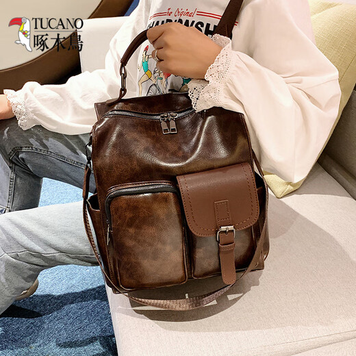 Pecker (Tucano) Sac à dos en cuir souple pour femmes 2025 Nouvelle mode rétro British Short-Distance Voyage de grande capacité Sac mère multifonctionnelle Brown Trendy