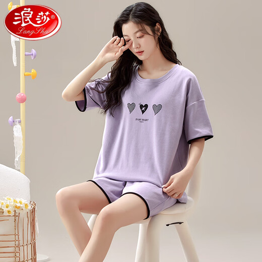 浪莎（LangSha）高档女士短袖睡衣套装带胸垫一体纯棉大码薄款可外穿家居服 1047 M (建议75-95斤)