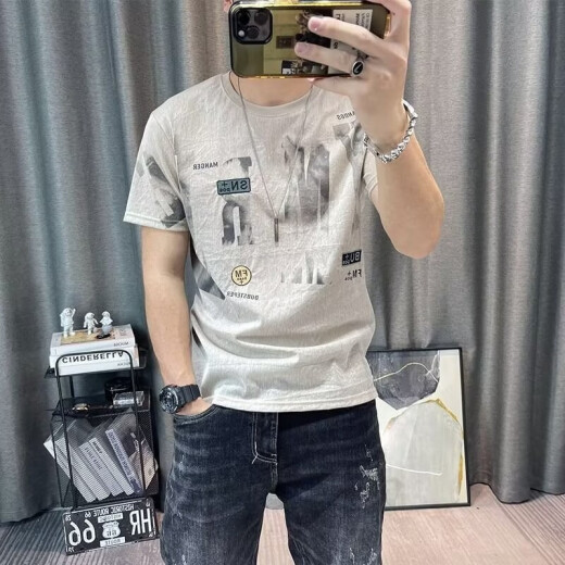 COLORFUL GEMS麻棉恤男士新款印花短袖体恤衣服半袖上衣 829灰色 M