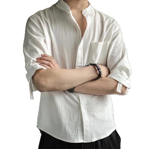 佰杰斯亚麻衬衫男短袖衬衣宽松男装中国风夏季棉麻男士休闲外套长 绿色【5009】GS XL