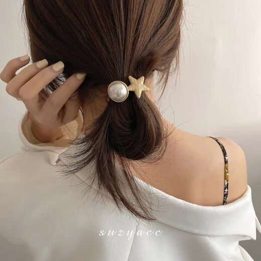 Demina Korean rubber band pearl five-pointed star hair band love hair rope Dongdaemun headband hair small fragrance style retro headwear five-pointed star-Zhuzhu
