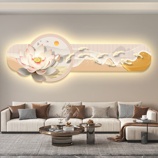 界同九鱼图led带灯客厅装饰画沙发背景墙挂画壁画简约现代感荷花 KX-6189 80*240【充电宝+遥控】