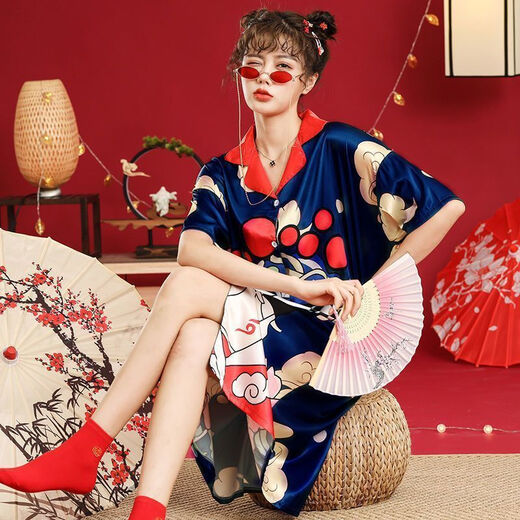 FHHUABD新中式国潮晨袍婚礼新娘伴娘团搞怪睡衣夏季冰丝凉爽睡裙家居服 国潮702短袖墨绿 M 建议80斤-110斤