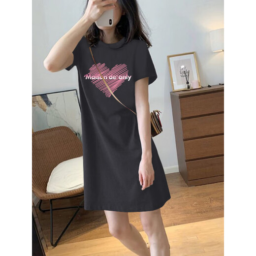 
CEENIU2025 summer new pure cotton short-sleeved T-shirt women's skirt loose casual H-style temperament small dress 6173 dark gray [dress] (orange print) S 80-100Jin [Jin equals 0.5 kg]