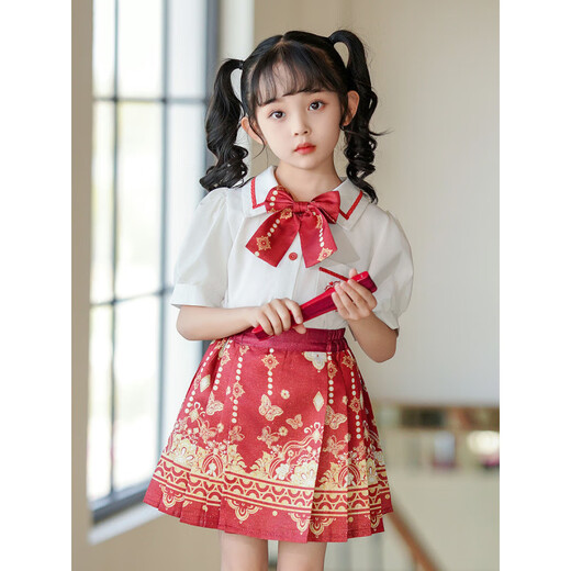Buntes Edelsteinmädchen-Kleid mit Pferd und 2025 Herbst neuer chinesischer Stil Hanfu Academy Style 9209 Red Short Sleeve [Pferdeset Set] M 110c