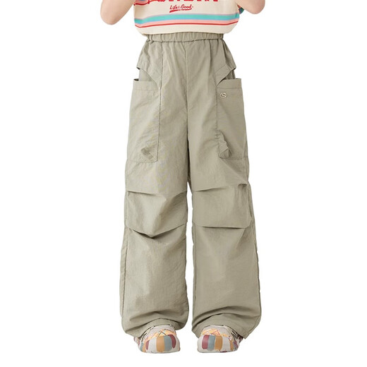 Moonkids Girls Schnelltrocknende Arbeitshose 2025 Sommer New Children's Mountain Style Weitbeins Fallschirmjägerhosen Mädchen Outdoor Dünnstil 15261 Militärgrün + 15265 Aprikosenfarbe 170 cm