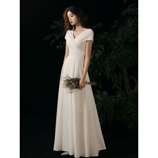 
Chuangjingyi chose white certificate registration engagement small evening dress for women's banquet adult ceremony French host satin birthday long white M