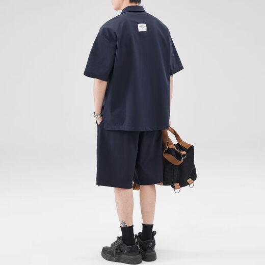 2025夏季新款休闲T恤男套装polo领套头翻领短袖衬衣男日系短裤男 Z841宝蓝 2XL 推荐 160-180斤