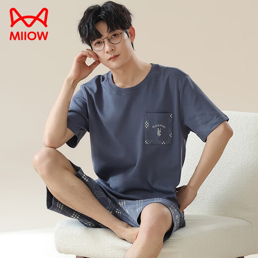 
Cat Man (MiiOW) Summer Men's Pajamas Imitation Cotton Pull-up Short Sleeve Shorts Casual Large Size Teenagers Can Wear Thin Home Clothing Men A3523 L