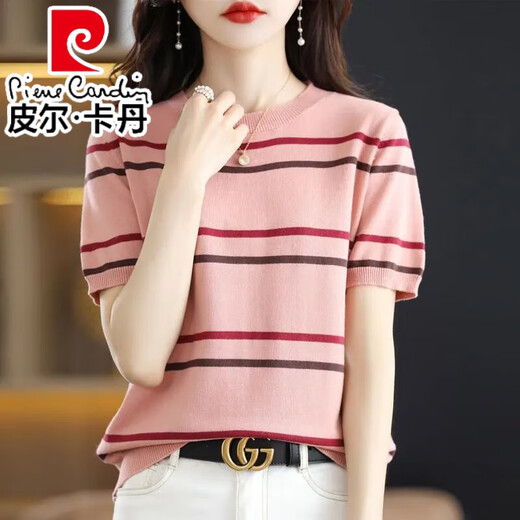 皮尔卡丹（pierre cardin）条纹短袖T恤女百搭2025夏季新款拼色圆领冰丝针织衫半袖短款上衣 761#草莓粉 S 建议90斤以内