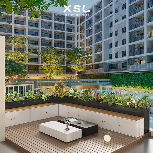 Terrasse Balkon Sitzblumenbox Kombinationskarte Sitzbank im Freien Innenhof Pflanzkasten Edelstahl benutzerdefinierte Blumenschlitzblumenteich Farbgröße Logo Anpassung Kontakt Kundendienst