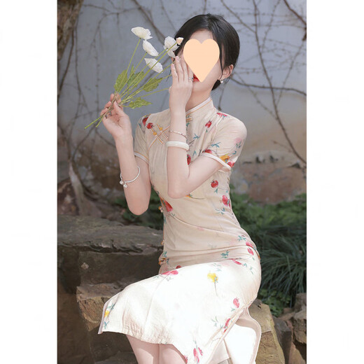 COLORFUL GEMS夏日旗袍白色连衣裙少女气质国风 846米白色 绿色吊坠 M