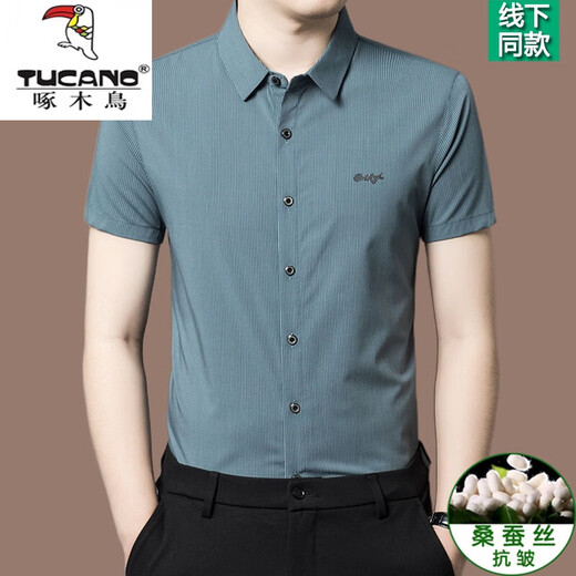 Holzspecker Kurzärärmungs-Hemd Herren Sommer Dünne Eissensen-Elastizität, nicht scanntes Mulberry Seidengeschäft Casual Dünn gestreiftes Hemd Männer dunkelgrau [2603 Modelle] 2xl 180 [Empfohlen 150-170jin [Jin gleich 0,5 kg]]]