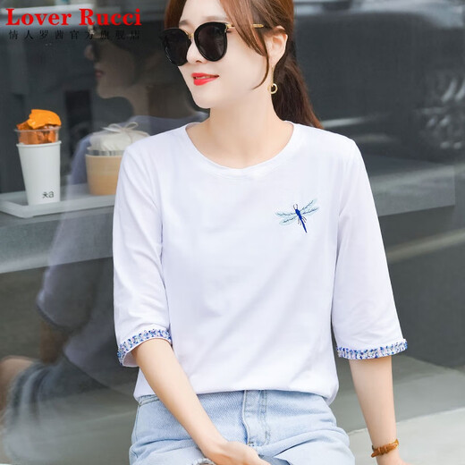 LOVER RUCCI pure cotton 70-quarter sleeve T-shirt for women's mid-sleeved loose age-reducing five-quarter sleeve T-shirt for spring and autumn summer 2025 new top W6172 ice blue mid-sleeved XL (recommended 120-135 Jin [Jin equals 0.5 kg])
